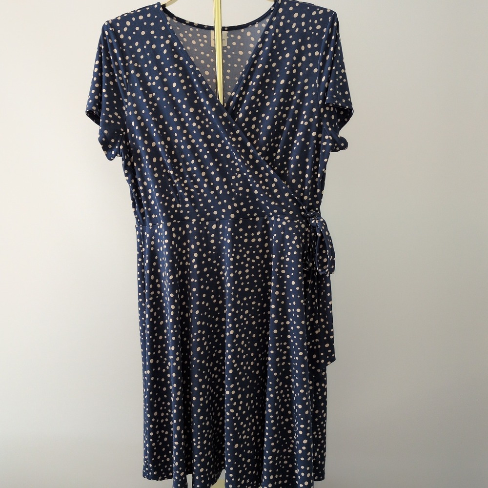 Kaileigh Wrap Dress Women XL Navy Blue Polka Dot V-Neck Short Sleeve D13404Q